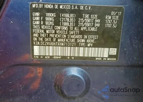 2017 Honda Hr-V Exl from USA, damaged, VIN 3CZRU6H7XHM713121